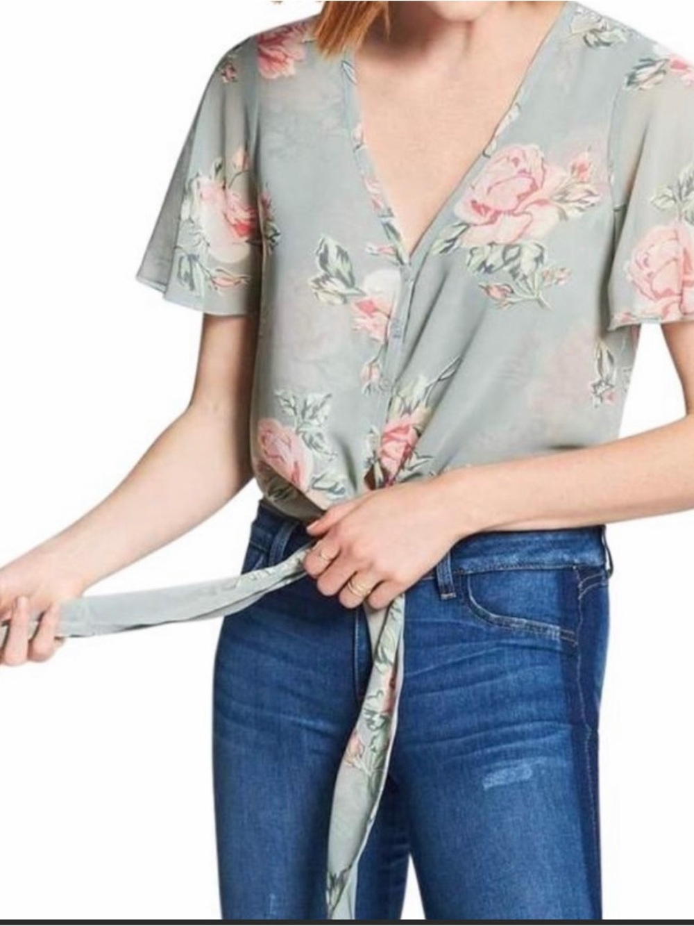 Show Me Your Mumu Floral Tie-Front V-Neck Top - Sage with Pink Roses